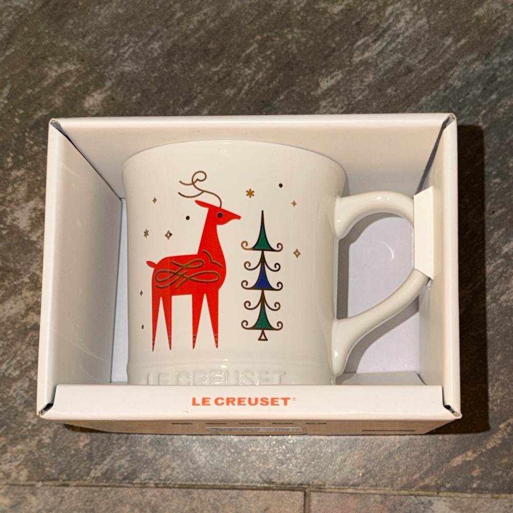 NIB Le Creuset Festive Mug with Red Reindeer and Green Tree
